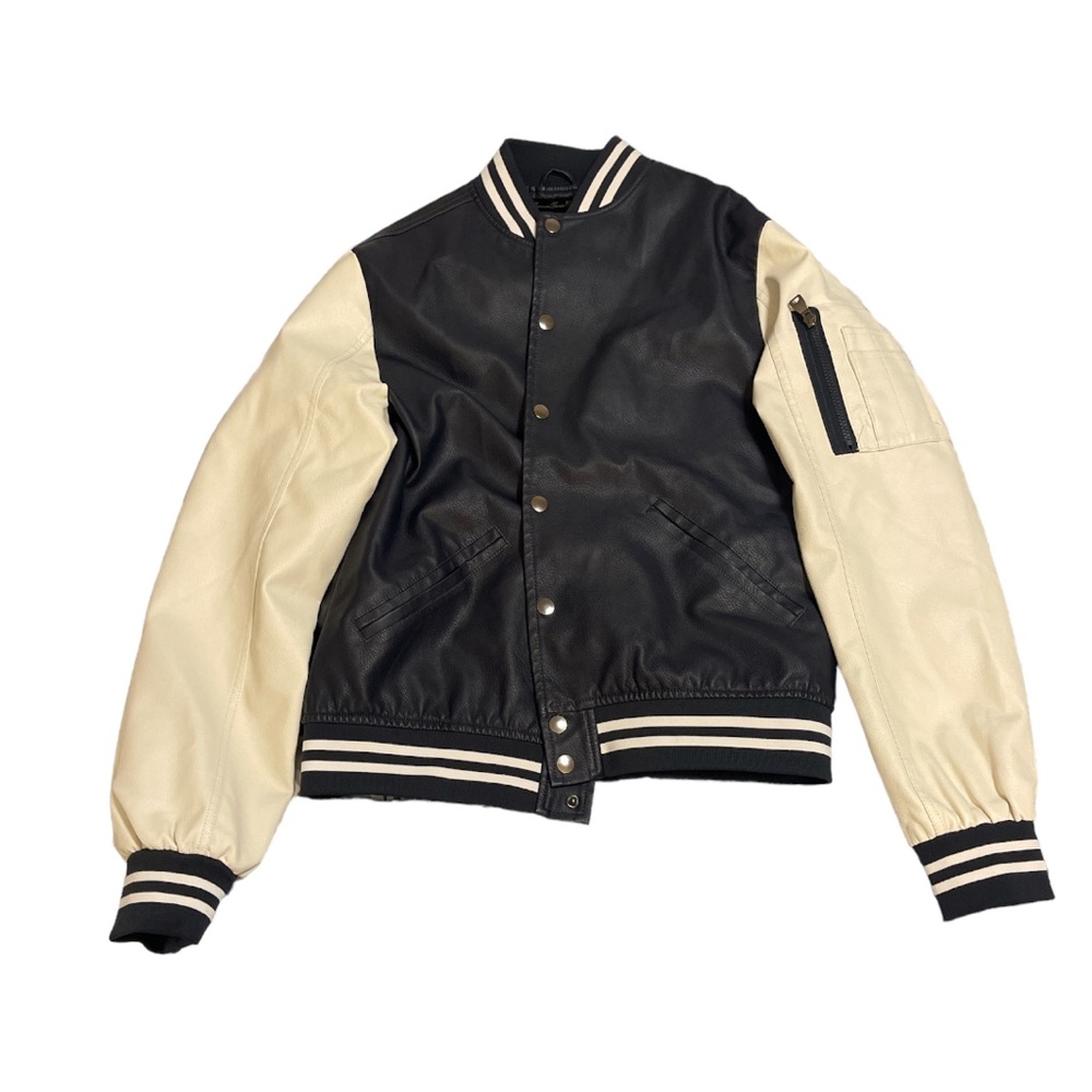 Navy blue and cream white fried denim Large jacket